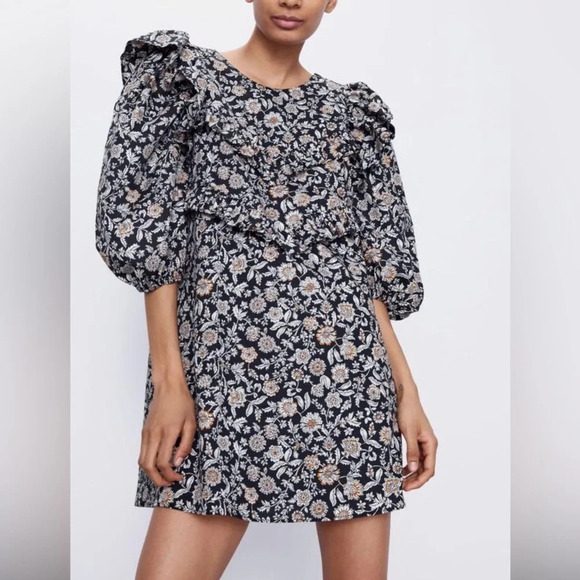 ZARA Black White Printed Floral Ruffle Mini Dress Size Small - Picture 2 of 16